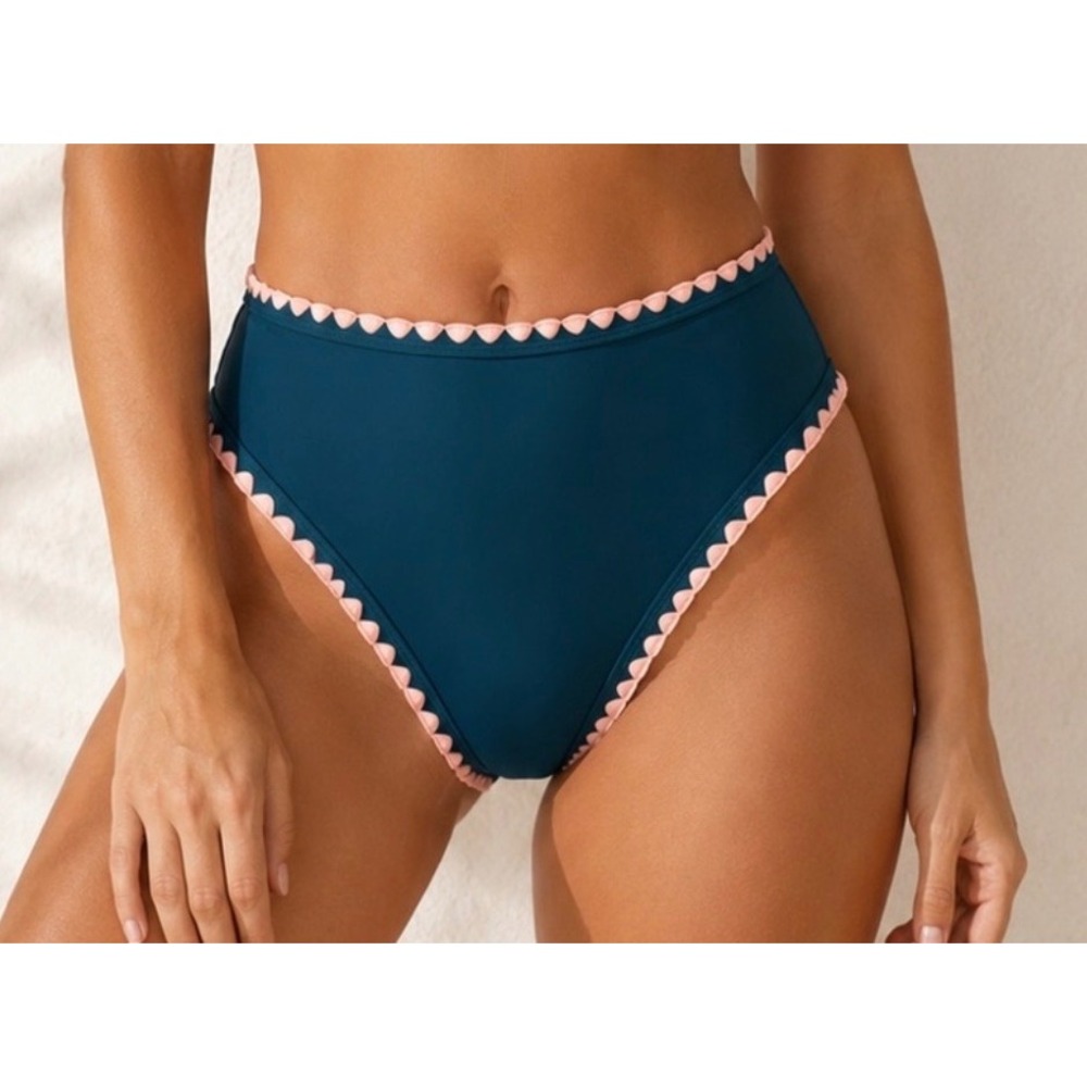 Zaful Teal Green Pink Scalloped Trim High Waisted Bikini‎ Bottoms Womens Medium